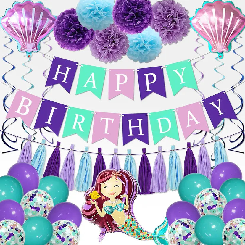 60pcs Mermaid Birthday Decorations Set with Banner, Swirl, Tassel Garland & Shell Balloons - Perfect Party Supplies