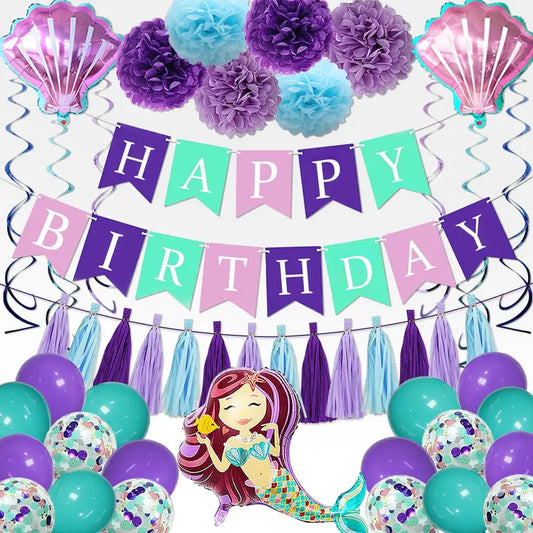 60pcs Mermaid Birthday Decorations Set with Banner, Swirl, Tassel Garland & Shell Balloons - Perfect Party Supplies