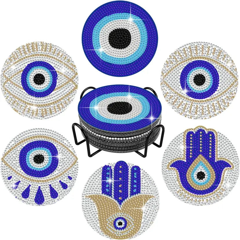 5D Diamond Painting Coasters Kit - 6 Pcs, Blue Evil Eye & Hamsa Hand, Boho Home Decor