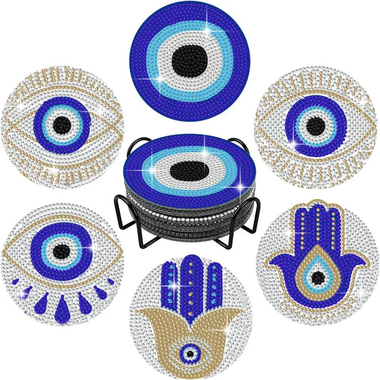 5D Diamond Painting Coasters Kit - 6 Pcs, Blue Evil Eye & Hamsa Hand, Boho Home Decor