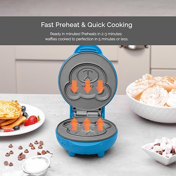 Kitchen Pro 550W Mini Waffle Maker – Blue Bear-Shaped Waffle Plate,