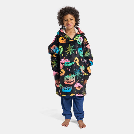 Kids Neon Halloween Print Hoodie Blanket - Black