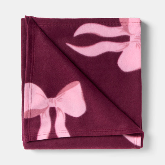 Bow Print Fleece Throw - Burgundy/Pink