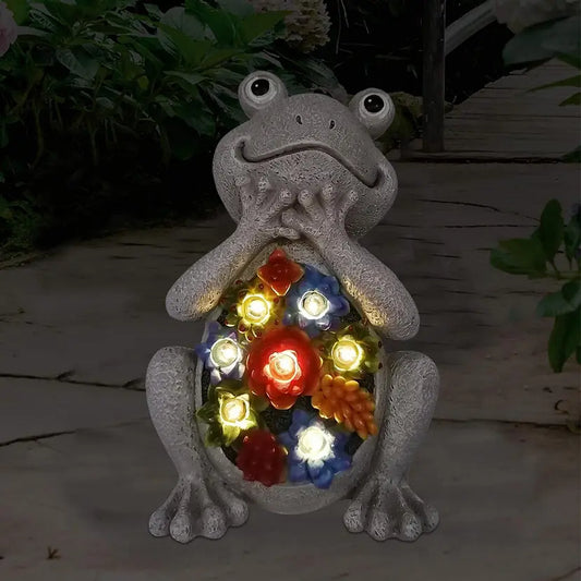 Solar Garden Frog Statue Outdoor Ornament with succulent and 7 LED Lights 20cm