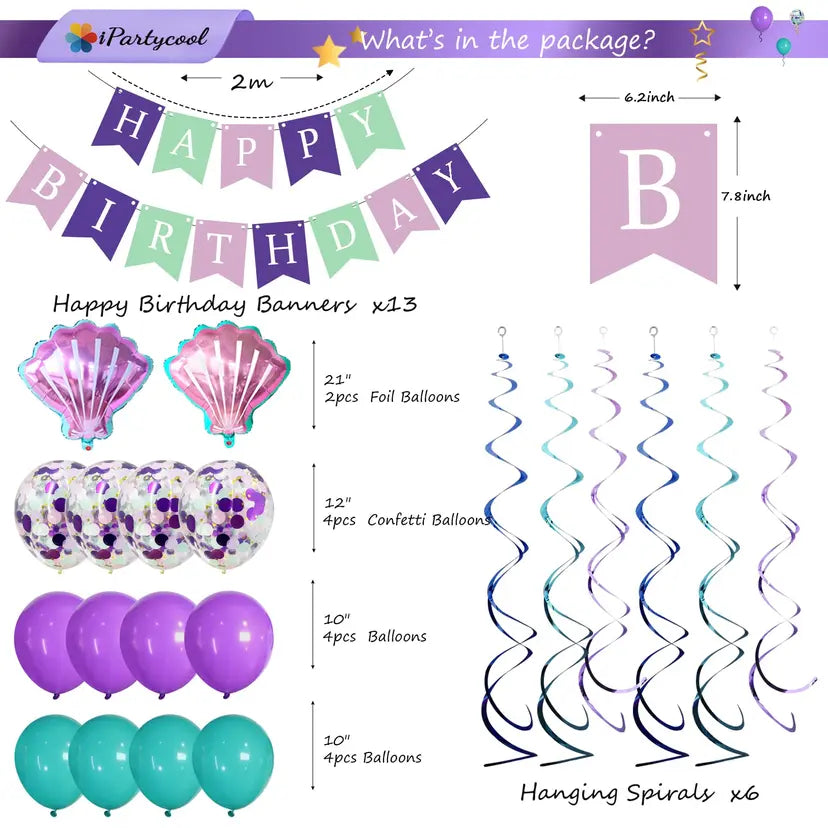 60pcs Mermaid Birthday Decorations Set with Banner, Swirl, Tassel Garland & Shell Balloons - Perfect Party Supplies