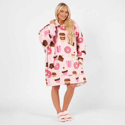 Coffee & Cake Print Hoodie Blanket, Adults - Blush