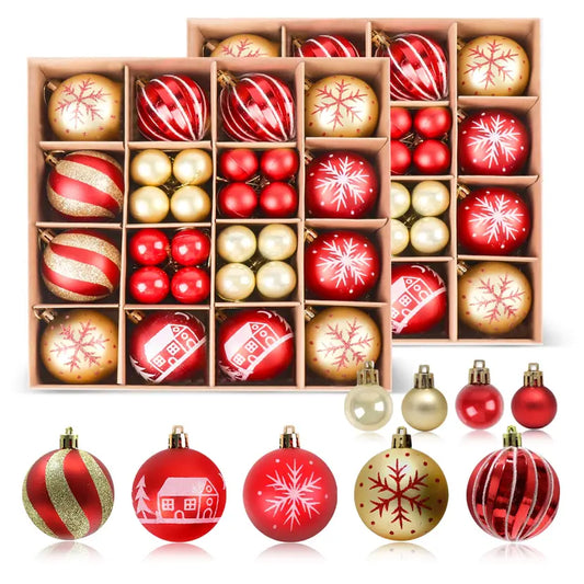 44pcs Christmas Baubles, 3cm & 6cm Shatterproof Red and Gold Baubles with String