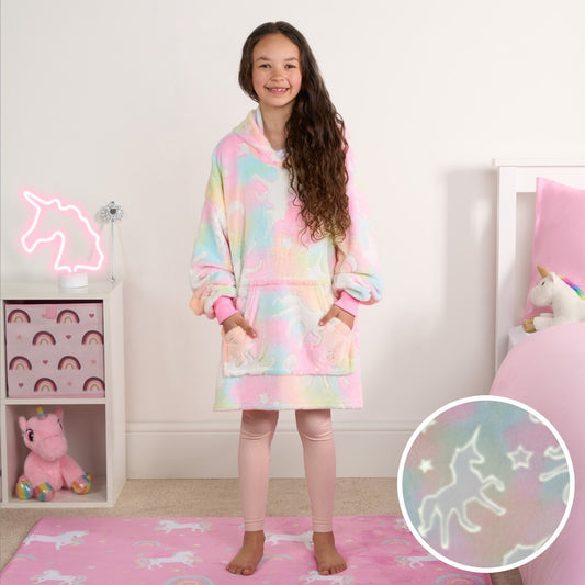 Kids Glow In The Dark Unicorn Tie Dye Hoodie Blanket - Multi